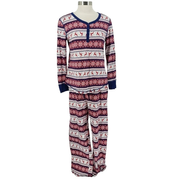 Lanz Pajama Set Holiday Christmas Reindeer Fair Isle Long Sleeve Sleep Pants - Picture 1 of 10
